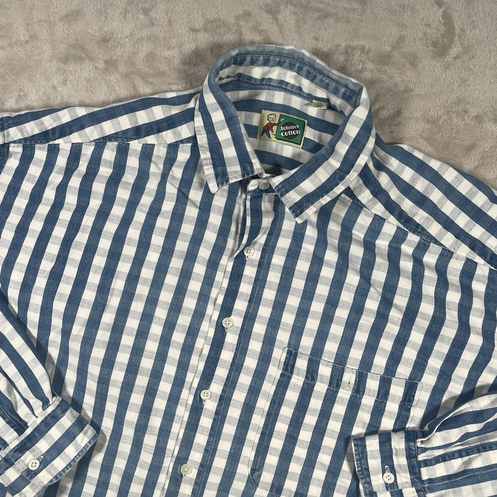 Johnny Cotton Mens Shirt Blue White Check Plaid Long Sleeve Button Down‎ Mens XL